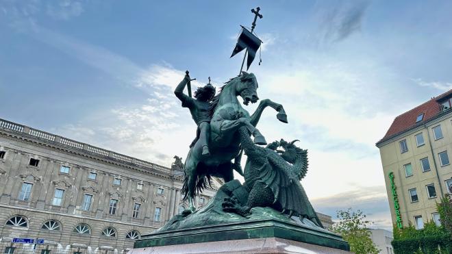 a statue of St George fighting a dragon