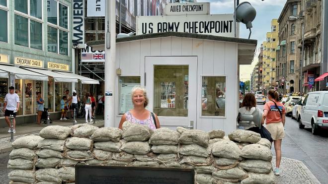 Karen at checkpoint charlie