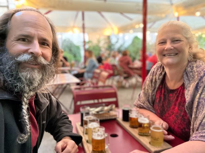 &ldquo;selfie of Karen and Greg in a restaurant with beer&rdquo;